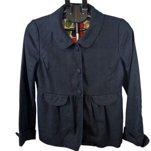 J.Crew Navy Blue Cotton Linen Peplum Jacket Peter Pan Collar Womens Size 6